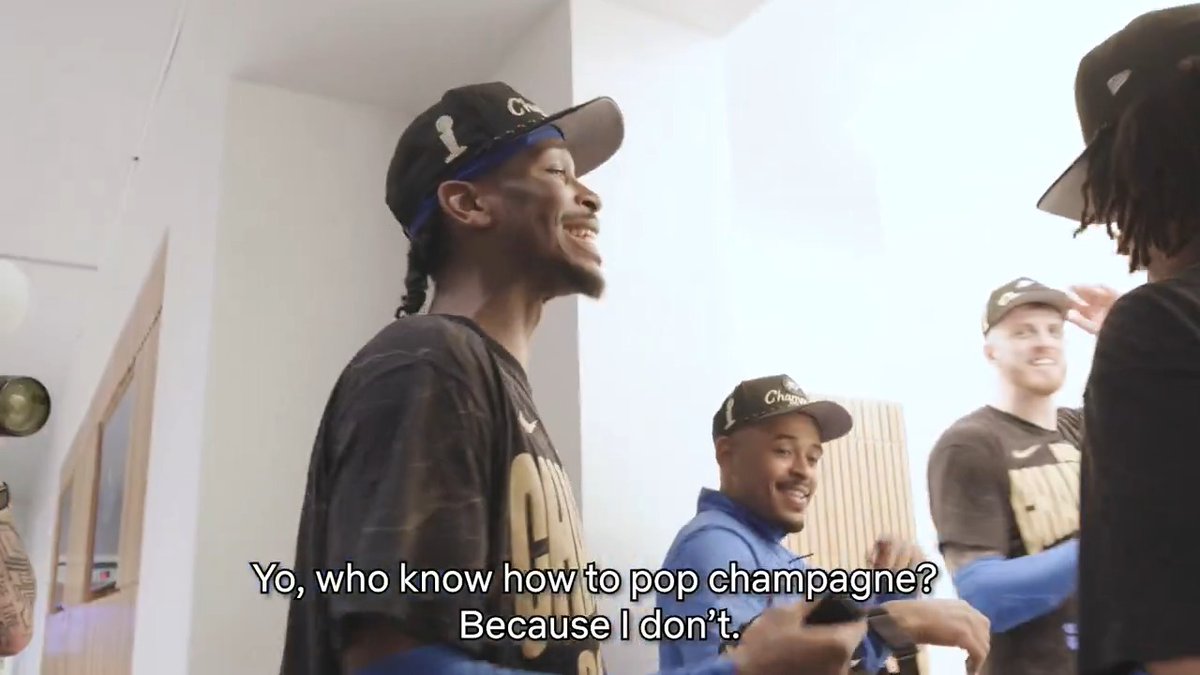 “Yo who know how to pop champagne? Because I don't." Starting 5 Season 2 sneak peak of Shai Gilgeous-Alexander in the Oklahoma City Thunder locker room after their NBA Finals win 😂 Coming to Netflix later this year.