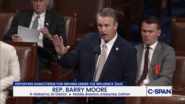 .Rep. Barry Moore (R-AL): "HR 875 makes common sense changes to immigration laws. To make an alien who is convicted or who admits driving under the influence inadmissible. It also makes an alien convicted of doing so removable."