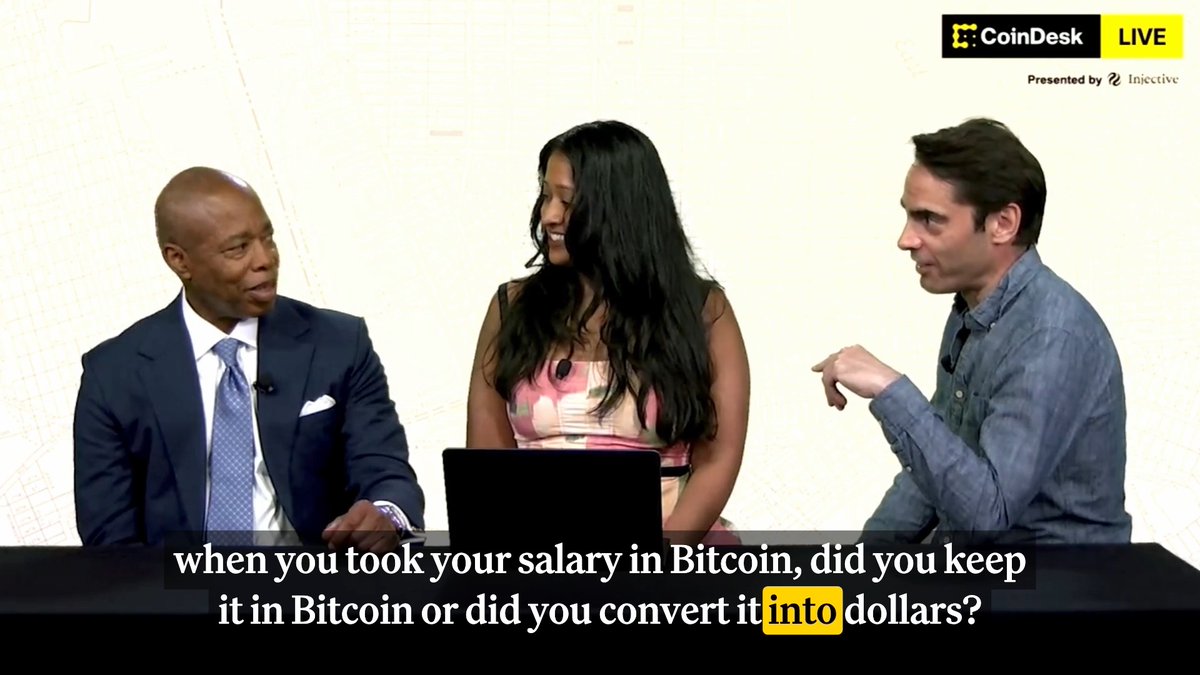 "When I first took my 3 paychecks in bitcoins, everybody laughed at me. Now, who's laughing? I am." .Eric Adams on his early adoption of Bitcoin from @Injective Summit on CoinDesk Live with @jennsanasie &amp; Ben Schiller.👇