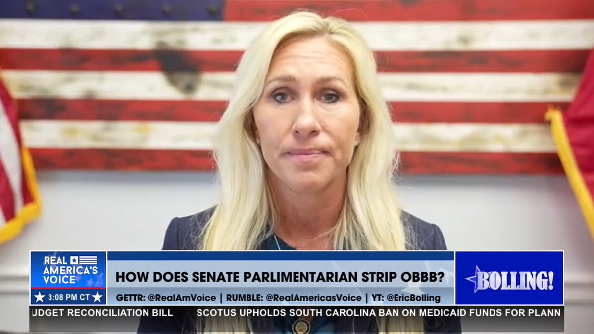 “LEADER THUNE NEEDS TO FIRE HER…AND HE SHOULD DO IT TODAY…REPLACE HER QUICKLY. LET’S MOVE ON AND LET’S PASS THE PRESIDENT’S AGENDA.” - Rep. Marjorie Taylor Greene🇺🇸 on the Senate Parliamentarian who continues to go after the OBBB! 🇺🇸 ERIC BOLLING 🇺🇸