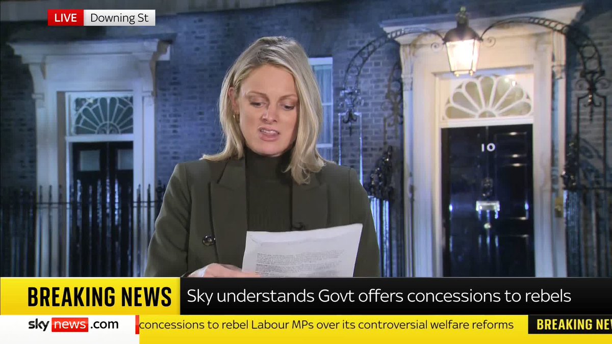 "What they hope now is that this will take the heat out of the rebellion." Sky's Ali Fortescue speaks outside Downing Street as Sky News understands that the government has offered concessions to Labour rebels on welfare reforms. 📺 Sky 501, Virgin 602