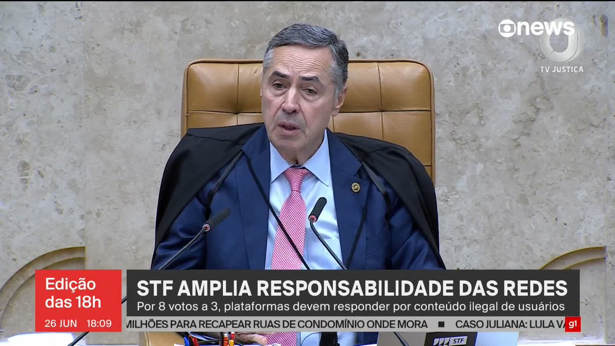 “Quando houver lei editada pelo Congresso, se compatível com a Constituição, evidentemente caberá ao Tribunal aplicar o ato de vontade do Congresso”, disse o presidente do STF, Luís Roberto Barroso, depois que a Corte decidiu pela responsabilização das redes no caso de postagens de usuários. ➡ Assista ao #Edição18: #GloboNews