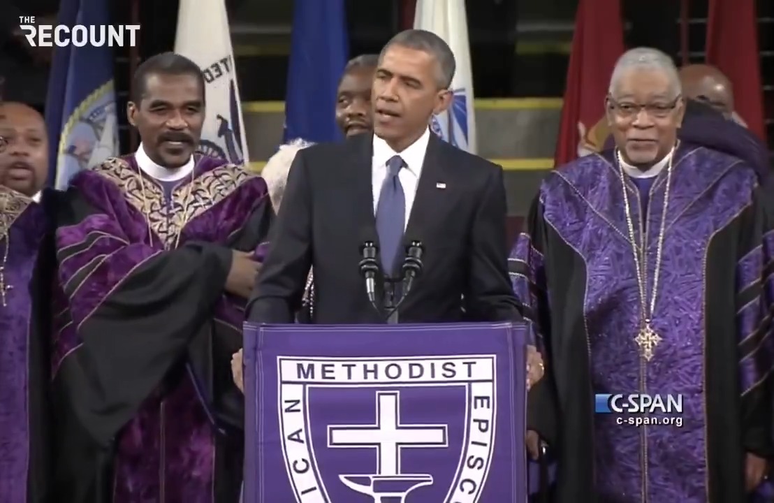 10 years ago today: President Obama sings an emotional “Amazing Grace” at the funeral service for Clementa Pinckney. Obama attended the funeral for Pinckney, one of nine Black people killed in a racist mass shooting at Mother Emanuel AME Church in Charleston, South Carolina.