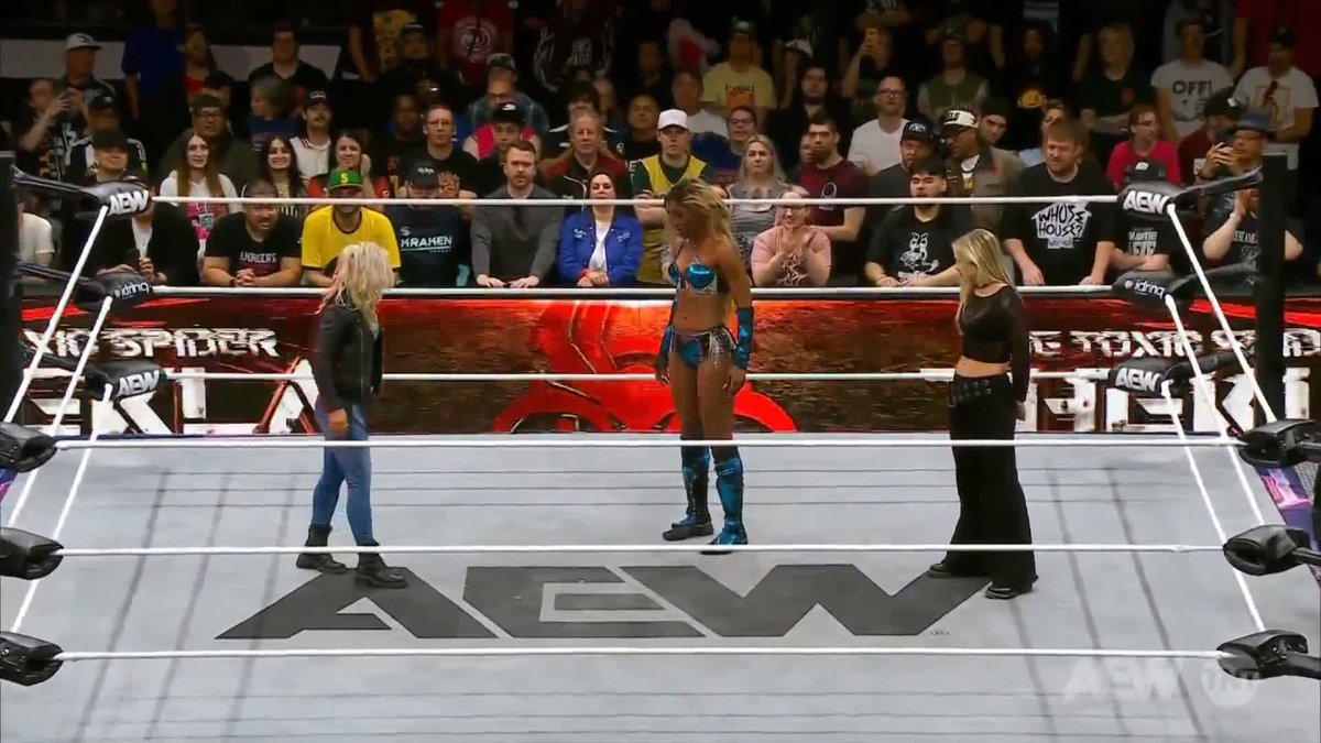 Just as julia hart, @Toxic_Thekla + @SkyeByee attack Queen Aminata クィーンアミナタ after a grueling match, @TayMelo + @AnnaJay___ come to the rescue! Watch #AEWCollision on TNT &amp; MAX