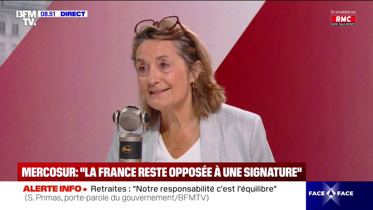 Accord sur le Mercosur: "Les agriculteurs ont la garantie que la France y est totalement opposée", affirme Sophie Primas, porte-parole du gouvernement