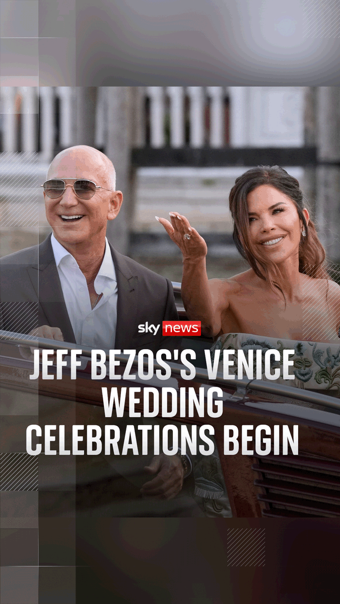 Jeff Bezos and Lauren Sanchez waved to onlookers in Venice as they left a luxury hotel to travel to their pre-wedding reception by water taxi