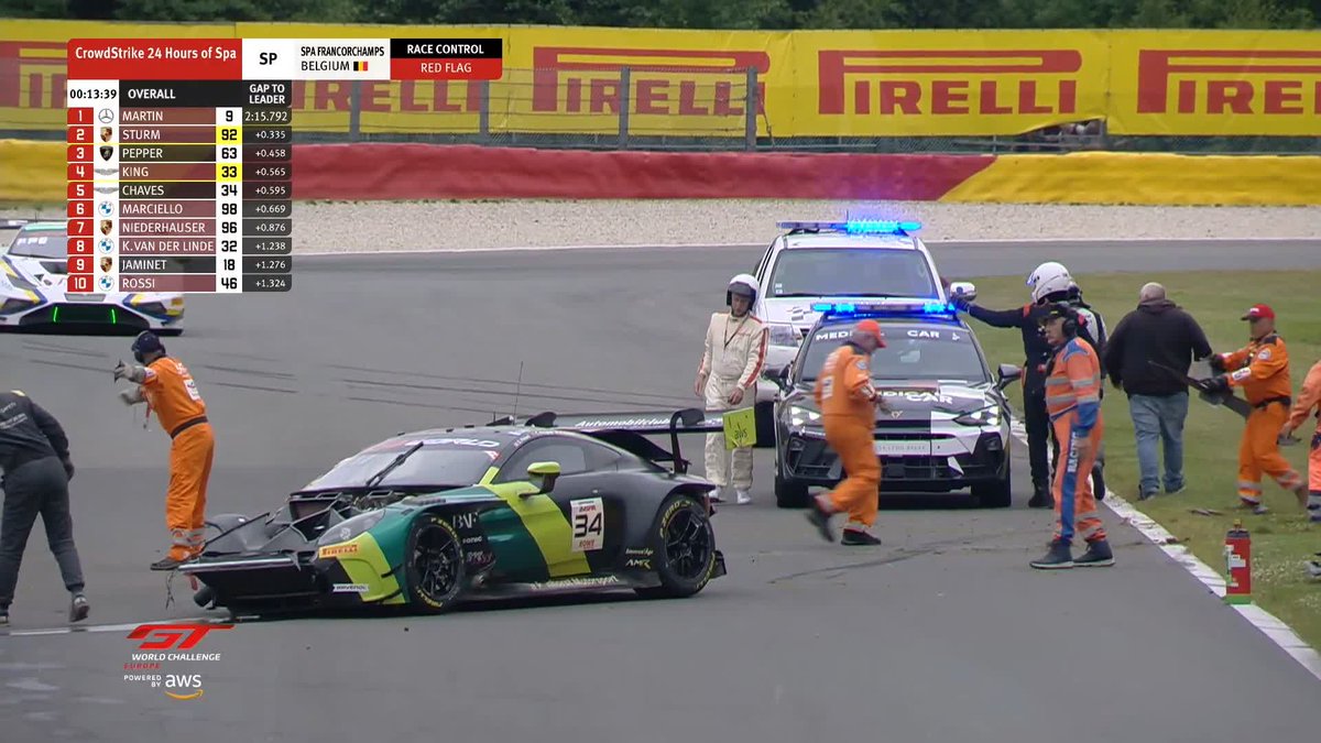 Chaves drops a wheel in the gravel on the exit of Fagnes and slams into the inside wall. That #34 Walkenhorst Aston Martin has heavy damage, and fortunately Chaves walks away ok. 📺 LIVE: #Spa24H | #GTWorldEurope #IGTC