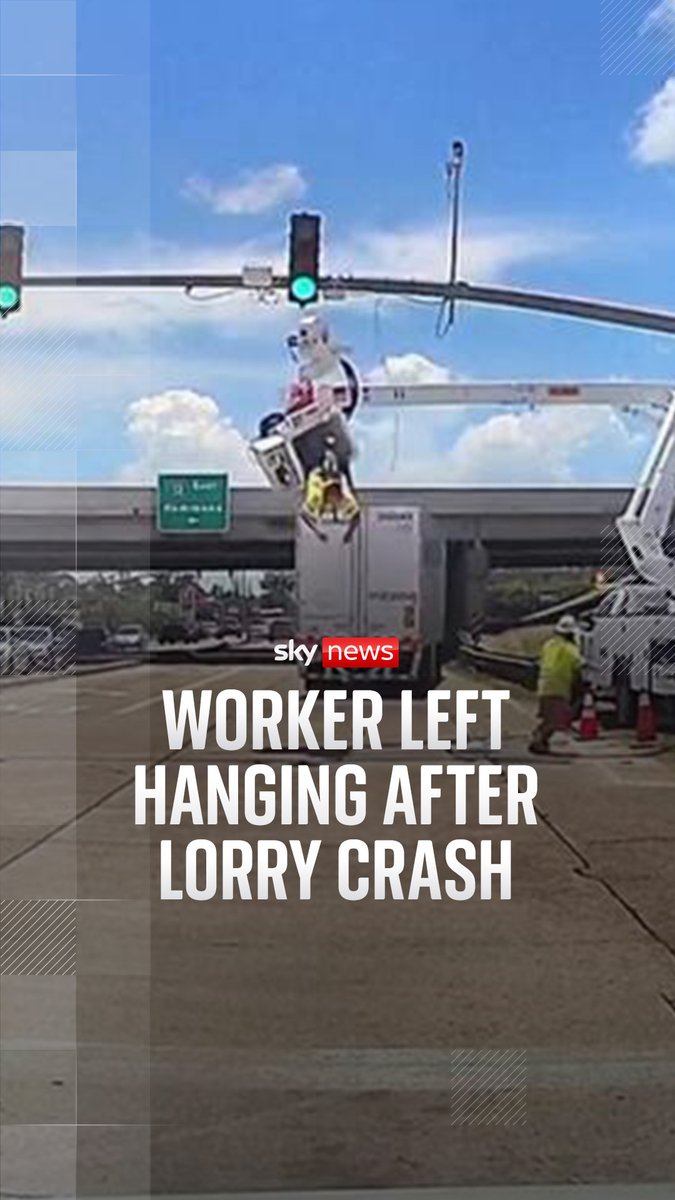 A construction worker in Louisiana was left hanging over the motorway after a lorry crashed into his electric lift as he worked on a traffic light. Latest videos: