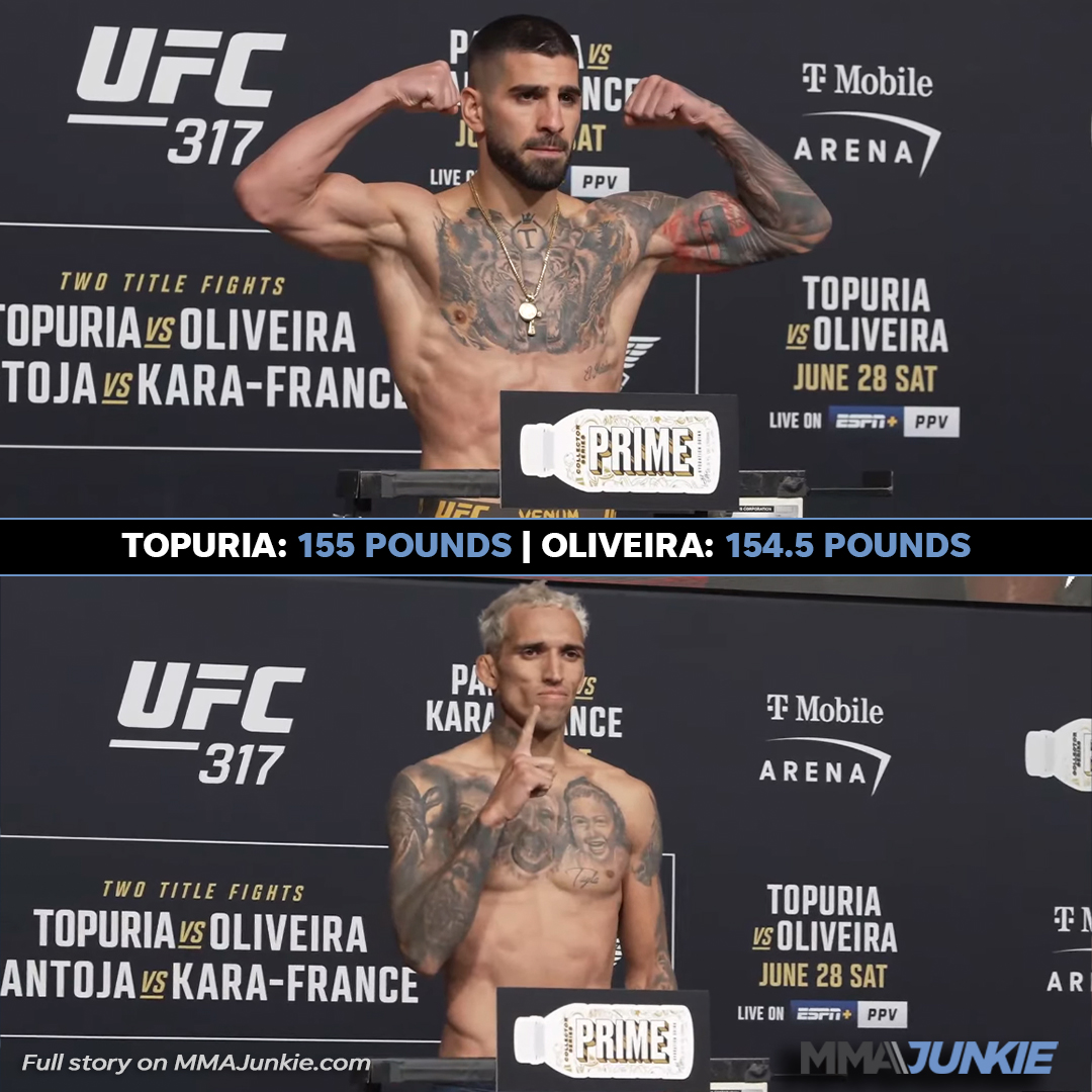 Ilia Topuria showed off his new frame at lightweight in making 155 pounds for #UFC317 vs. Charles Oliveira, who was 154.5 pounds. Saturday's vacant lightweight title fight is OFFICIAL.