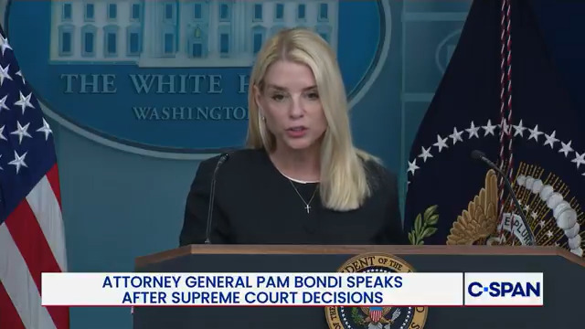 Question on birthright citizenship: "How concerned are you that the Supreme Court will come back and determine that the executive order is unconstitutional." Attorney General Pamela Bondi: "We are very confident in the Supreme Court."