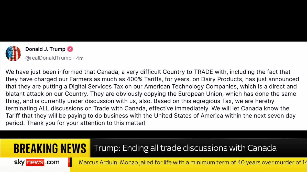 BREAKING: US President Donald Trump has posted on Truth Social saying he is 'terminating all discussions on trade with Canada'. Latest US news: 📺 Sky 501, Virgin 602, Freeview 233 and YouTube