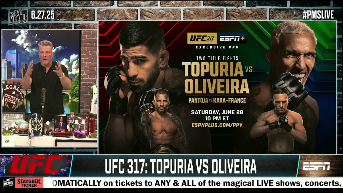 Alexandre Pantoja fights in the co-main event of UFC 317 tomorrow at 10 PM EST on ESPN+ 🥊 (via Pat McAfee)