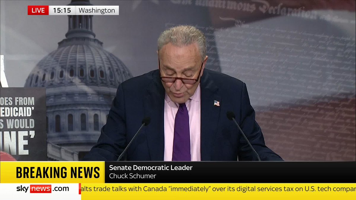 'Republicans need to show some backbone and tell Trump his bill is a disaster.' Senate Democratic leader Chuck Schumer criticises Trump's so-called 'Big Beautiful Bill' - a tax and spending bill - which has been heavily endorsed by the US president.