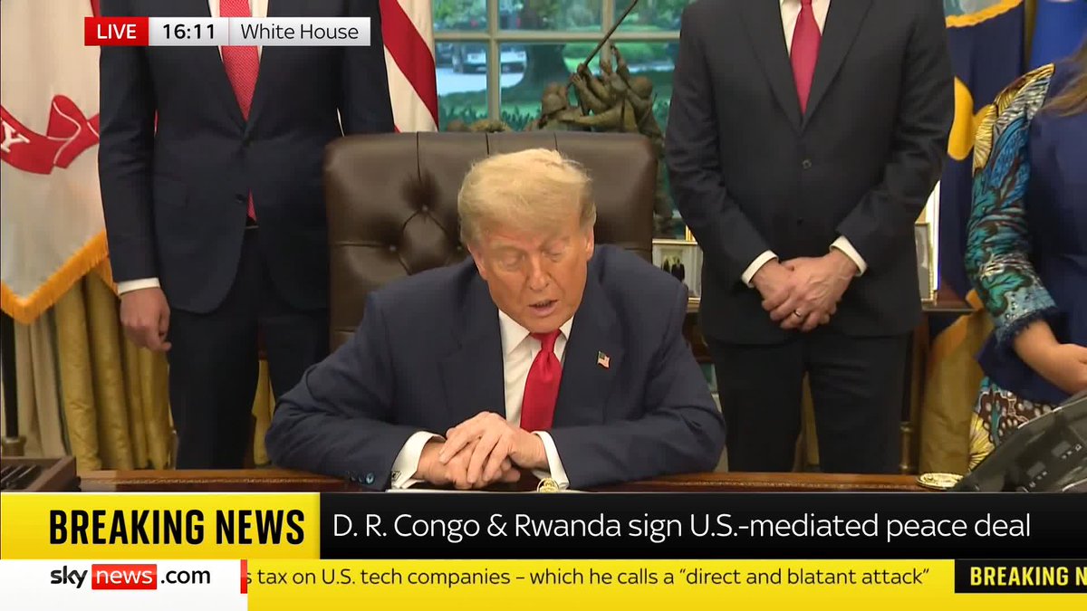 US President Donald Trump calls the signing of a US-mediated peace deal between Rwanda and the Democratic Republic of the Congo a "glorious triumph". 📺 Sky 501, Virgin 602, Freeview 233 and YouTube