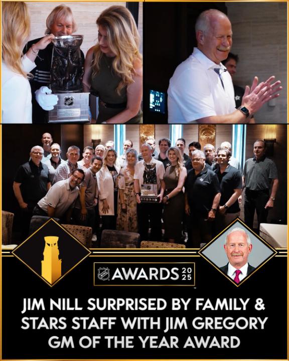 The happiest of surprises 🫶 #NHLAwards Jim Nill discovered he was the winner of the Jim Gregory General Manager of the Year Award in a very special way!
