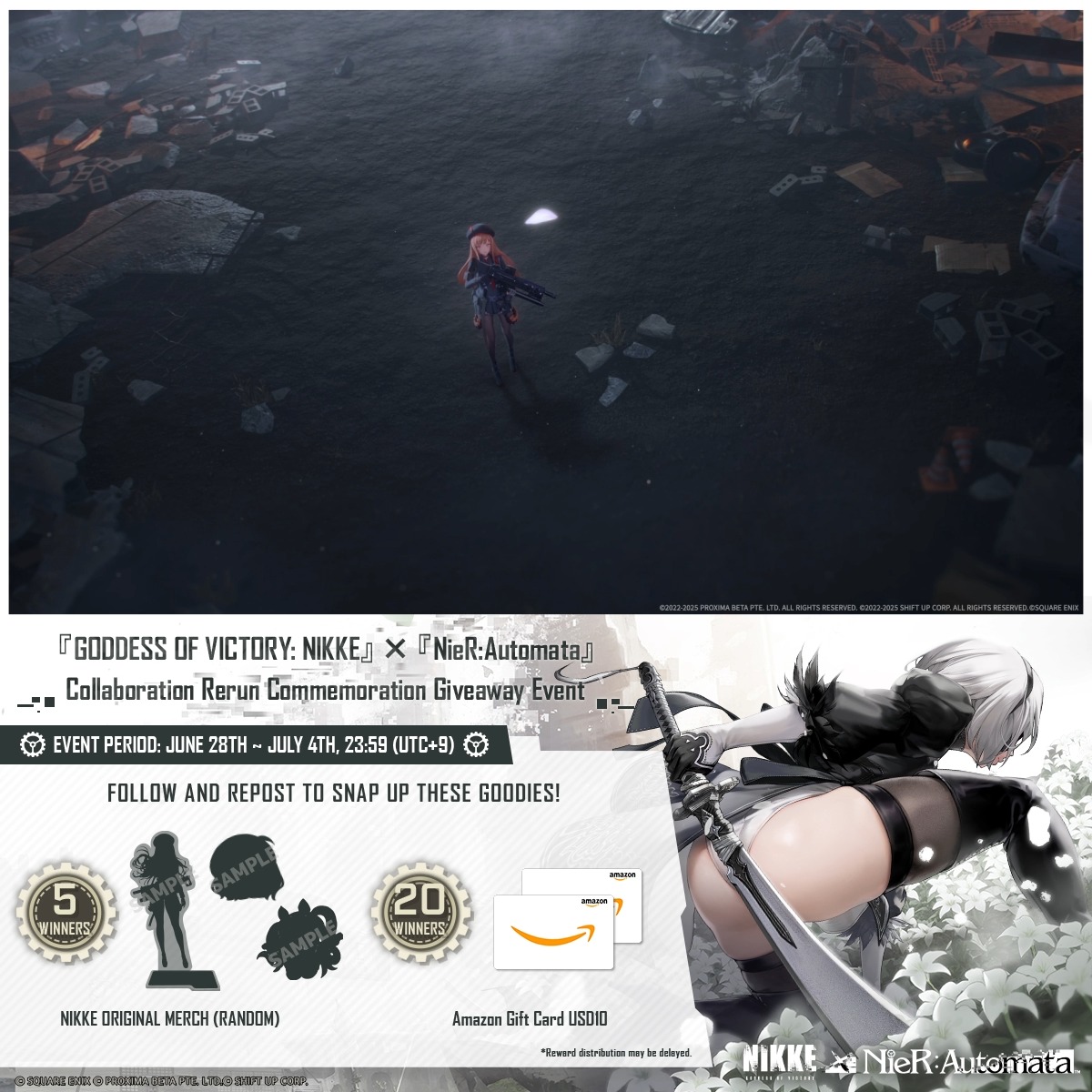 【GODDESS OF VICTORY: NKKE X NieR: Automata Collaboration Rerun Commemoration Event】 The GODDESS OF VICTORY: NIKKE × NieR: Automata collaboration rerun officially begins after the maintenance update on July 3rd! 📢 To celebrate, a Follow & Share campaign is now underway! 🎉 Guns and Blades. Survival and Destruction. Nikke and the YoRHa Squad Reassemble once more! #NIKKE #NIKKECollab #NieRAutomata