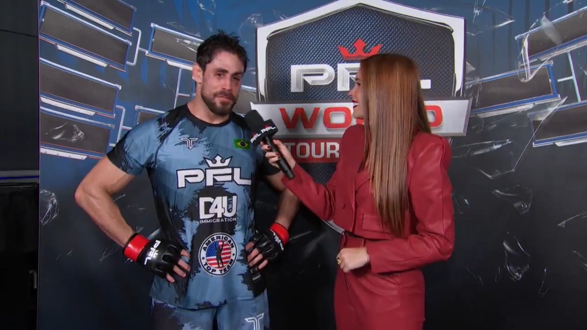 A victorious Antonio Carlos Jr. talks with Kennedy Smith after a hard fought win over Simeon Powell. WE ARE LIVE ON ESPN Shoeface moves on to the #PFLWorldTournament Light Heavyweight Finals.