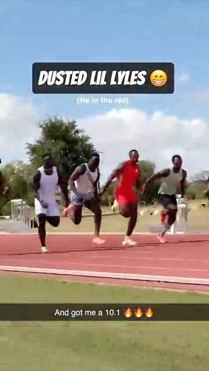 Tyreek Hill running 10.10 (+2.7) 100m, finishing ahead of Josephus Lyles. (🎥: Ty Hill)