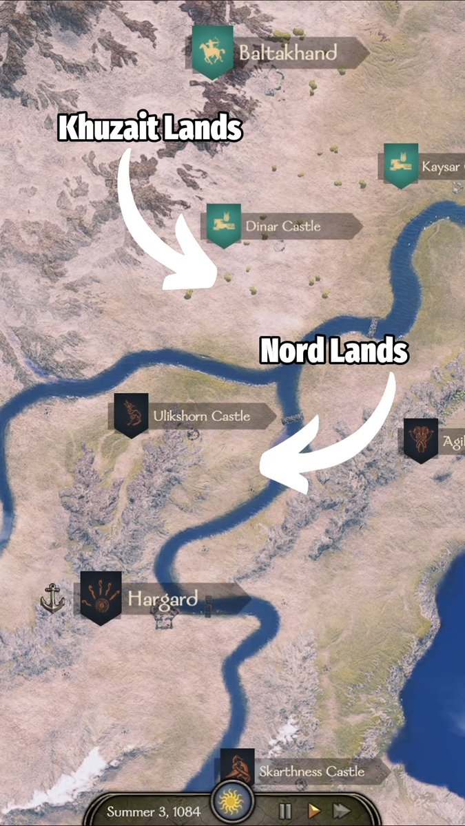 ℹ️ With War Sails, Calradia’s world map extends further to the north. The Nordvyg proper (marked by rugged coasts, thick forests, and icy winters) sets the stage for the new Nord faction. To the west and across the sea, we find a recently colonized Island of Beinland - the land of bones. And finally, the Jumne river area is located to the east of Nordvyg, where mysterious burial pits left by some long-forgotten people lie scattered along the riverbanks. The river runs south, eventually reaching Khuzait lands, allowing Nords to raid or trade with nearby factions. Few regions hold such strategic weight or such potential for war. #mountandblade #bannerlord #warsails