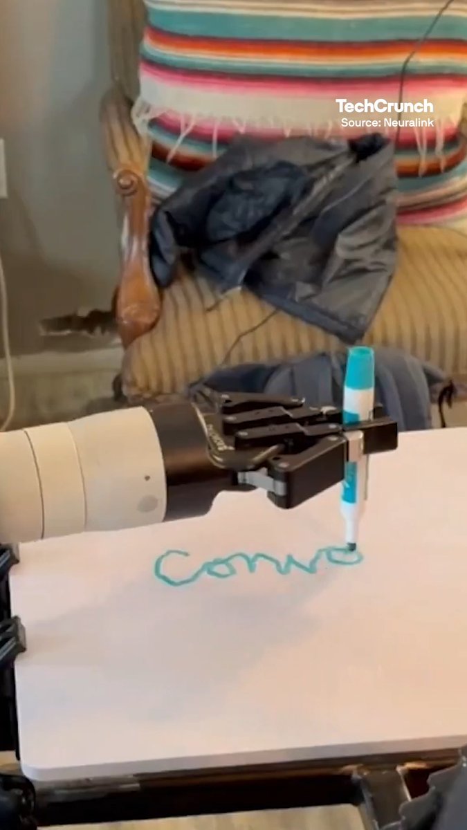In this demo a Neuralink trial participant is able to control a robotic arm to write and draw with just his mind, one of several updates the company recently showcased.