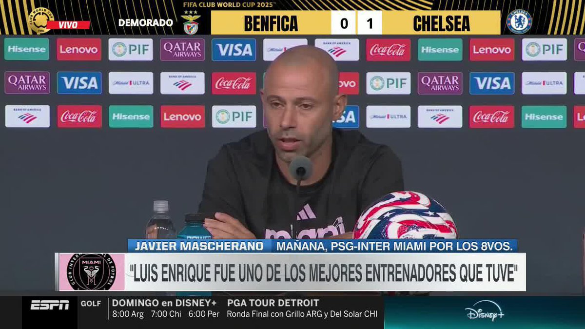"HA SIDO UNO DE LOS MEJORES ENTRENADORES QUE HE TENIDO EN MI CARRERA". El Jefecito Mascherano palpitó el cruce de su Inter Miami ante el PSG de LUIS ENRIQUE por los octavos de final del Mundial de Clubes. 📺 #DisneyPlus | #SportsCenter