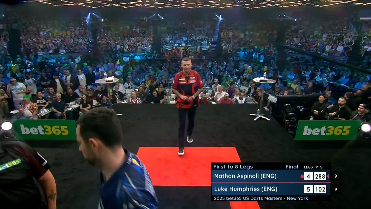HEAR THE ASPINALL ROAR! Nathan Aspinall looked down and out in this leg, but missed darts from Luke Humphries gave him an outside opportunity, and he pins the bullseye on the 90 combination to level this game up at 5-5! 📺 #USDartsMasters25