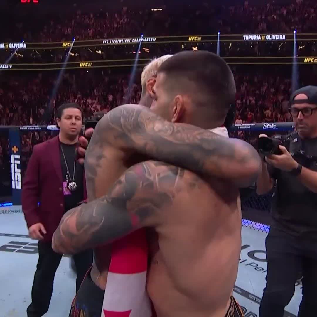 Ilia Topuria and Charles Oliveira share a moment after it all 🤝 #UFC317