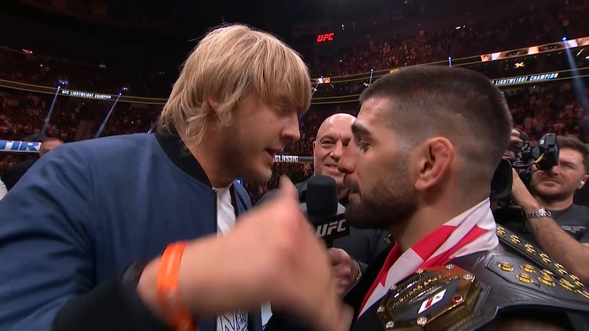 Paddy Pimblett and Ilia Topuria faced off in the Octagon after Topuria's UFC lightweight title win at #UFC317 😳