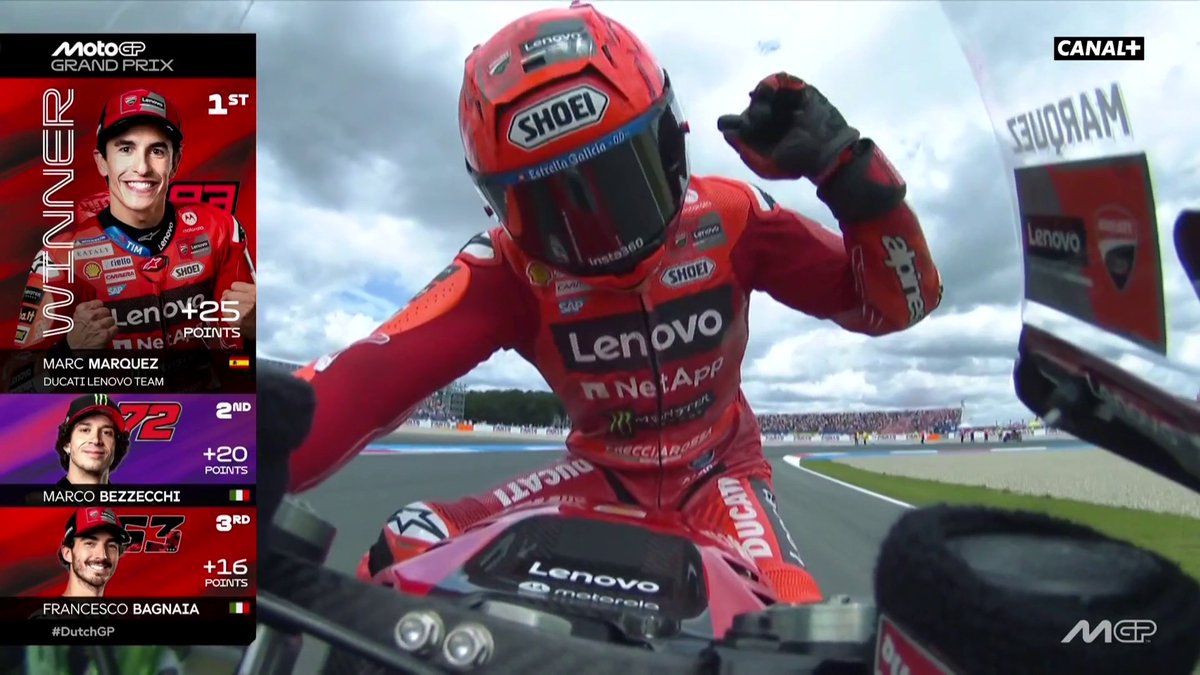 Victoire de Marc Márquez ! Victoire de Ducati à Assen ! 🤩🔴 Troisième victoire consécutive pour l'Espagnol devant Marco Bezzecchi 🥈 et Francesco Bagnaia 🥉 Quartararo termine 10e et Zarco 12e 🇫🇷 #DutchGP | #MotoGP