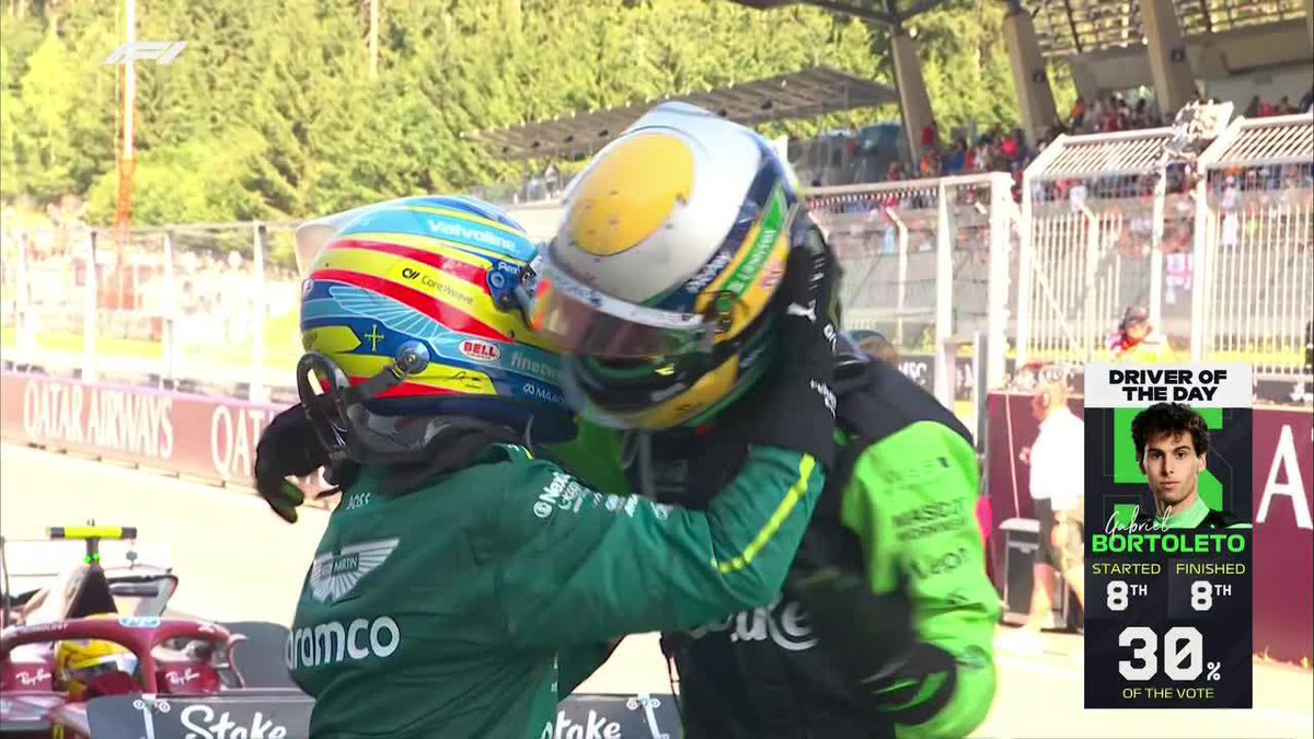 Fernando Alonso fue a felicitar a Gabriel Bortoleto. El brasileño logró sumar puntos en la Fórmula 1 por primera vez. Hermoso momento.