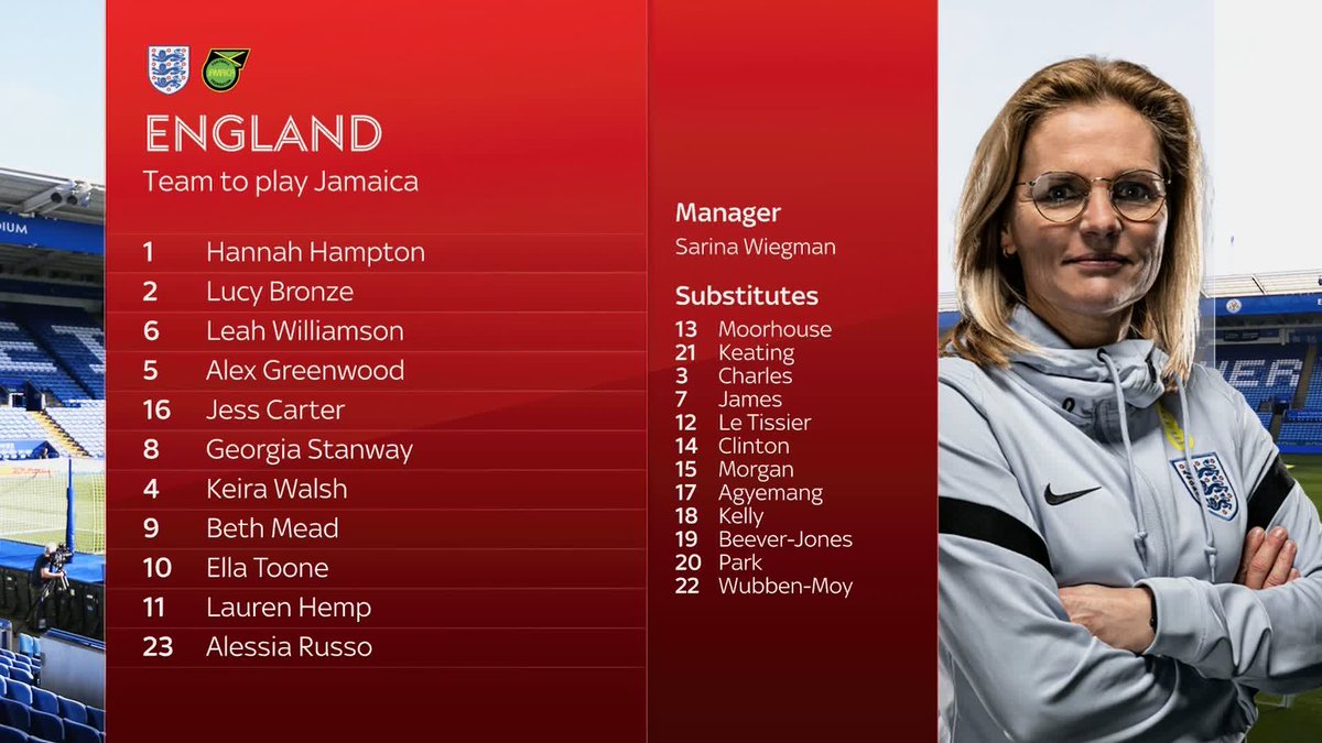Sarina Wiegman has named a very strong England side to face Jamaica in their only Euros warm-up game at the King Power Stadium 🚨🏴
