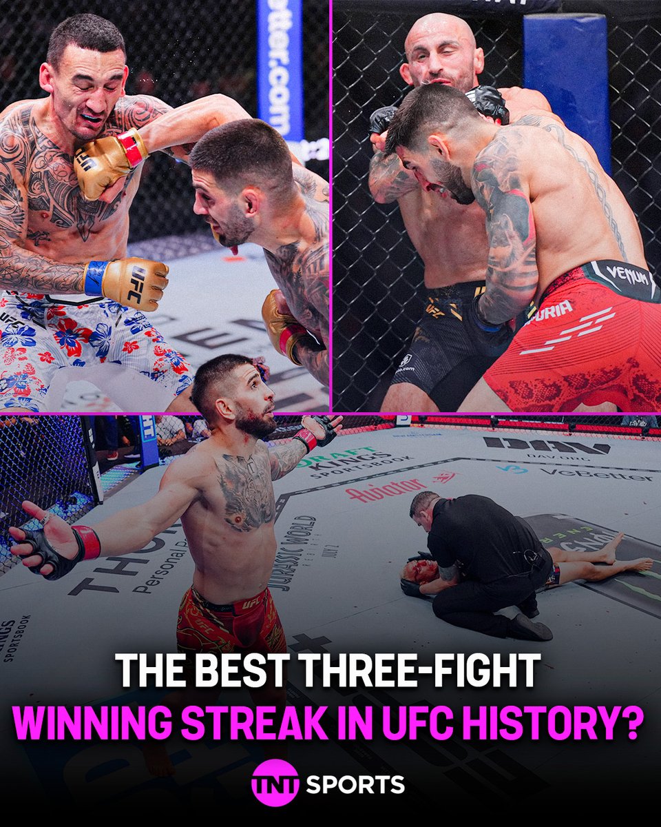 Ilia Topuria has knocked out Alex Volkanovski, Max Holloway, and Charles Oliveira in his last three fights 😮💨 Is it the best three-fight winning streak in UFC history? 🤔 #UFC317