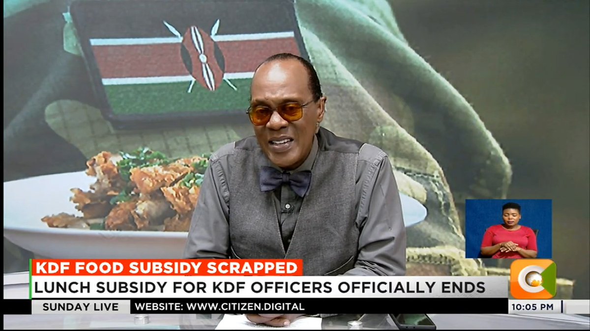 KDF Food Subsidy Scrapped: Lunch subsidy for KDF officers officially ends Pay-as-you-eat system to be rolled out on July 1 Defence Ministry says old system wasn’t cost-effective Officers are expected to access a variety of meals #CitizenSundayLive Jeff Koinange, MBS Olive Burrows