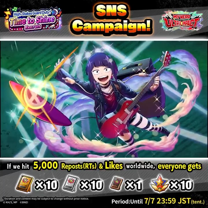 [Special Seasonal Recruit SNS Campaign] High-Stakes Guard Duty! Time to Shine Step Up Recruit UR [Nail the Notes] Kyoka Jiro Jiro in punk-themed stage clothes and guitar in hand arrives as a new STR type UR character! REPOST &amp; LIKE! #MHUI #MyHeroUltraImpact #MyHeroAcademia