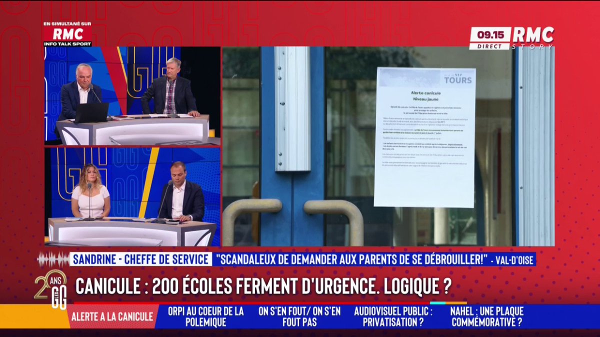 🌡️ Canicule : 200 écoles ferment d'urgence. Logique ? 📞 Sandrine, au 3216 : "Je travaille en université et le seul endroit climatisé, c'est au niveau de la présidence. Et mon fils en primaire, on lui refuse le ventilateur... même dans les mairies il y a la clim." #GGRMC