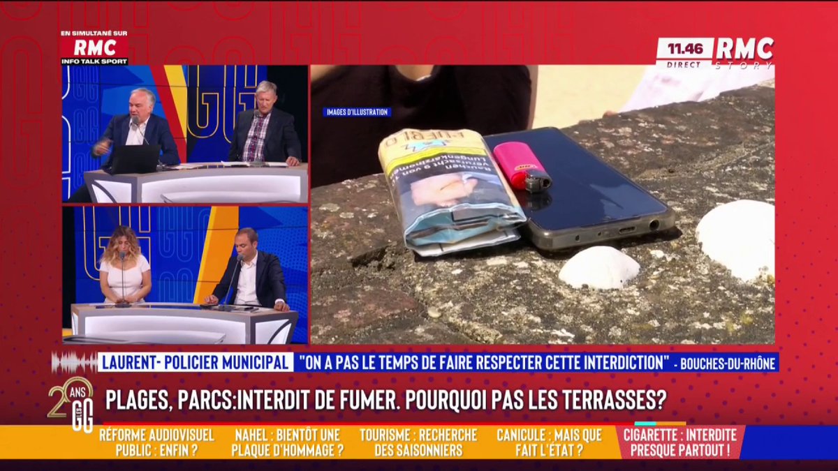 🚬 Interdiction de fumer à la plage, dans les parcs, etc. Pourquoi pas les terrasses ? 📞 Laurent, policier municipal : "On a du trafic, des émeutes et des agressions... et on nous pond ça. On a autre chose à faire que ça. J'en ai marre de taper sur le bon français." #GGRMC