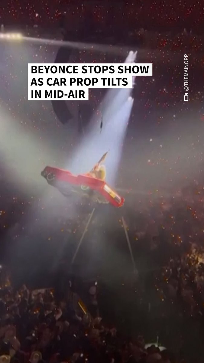 VIDEO: 🇺🇸 Flying car malfunctions at Beyonce concert in Texas The star was forced to stop the concert in her home city of Houston after a cable holding up her elaborate car stage prop came loose, leaving her clinging to a flagpole before being lowered to the ground #AFPVertical