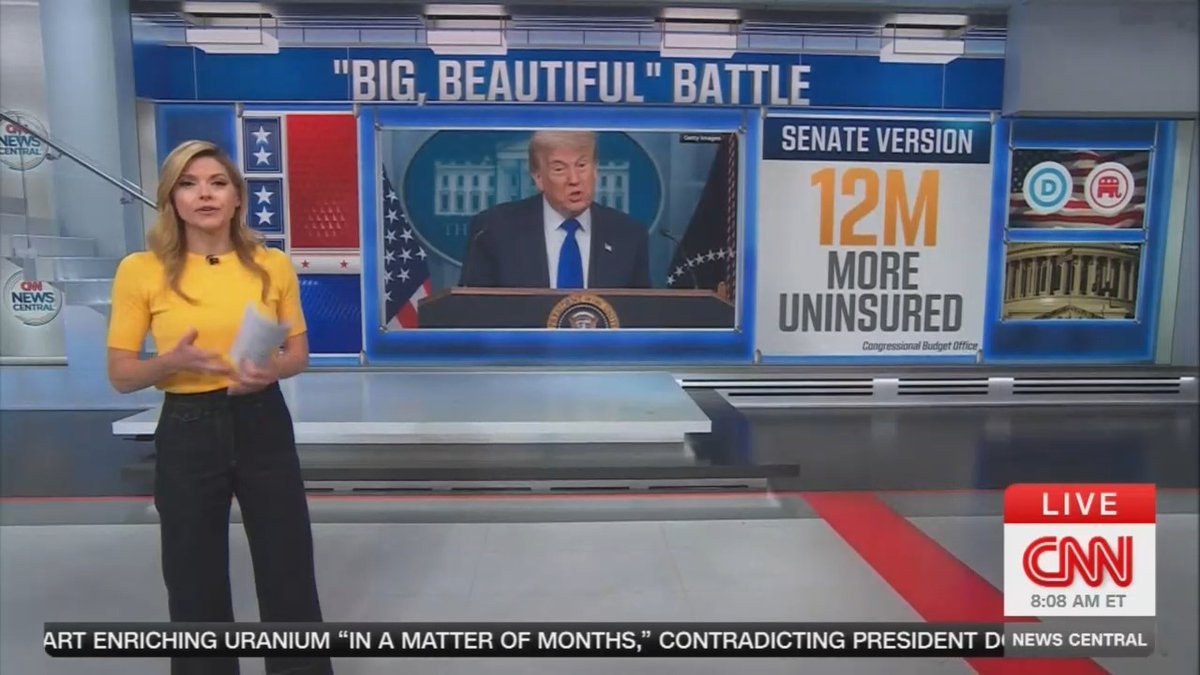Reporter: The nonpartisan Congressional Budget Office now says that the Senate version of Trump's budget bill would result in 12 million more people becoming uninsured, and that it also is more expensive. It will increase the deficit even further than the House version