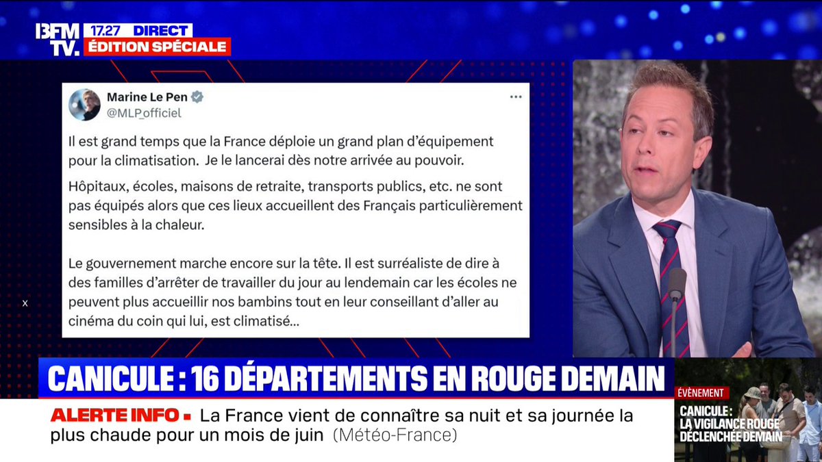 Face à la canicule, Marine Le Pen plaide pour un "grand plan d'équipement pour la climatisation" destiné aux services publics