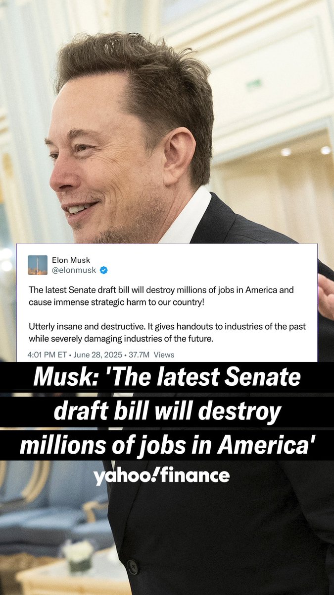 Elon Musk believes the latest Senate draft bill "will destroy millions of jobs in America."