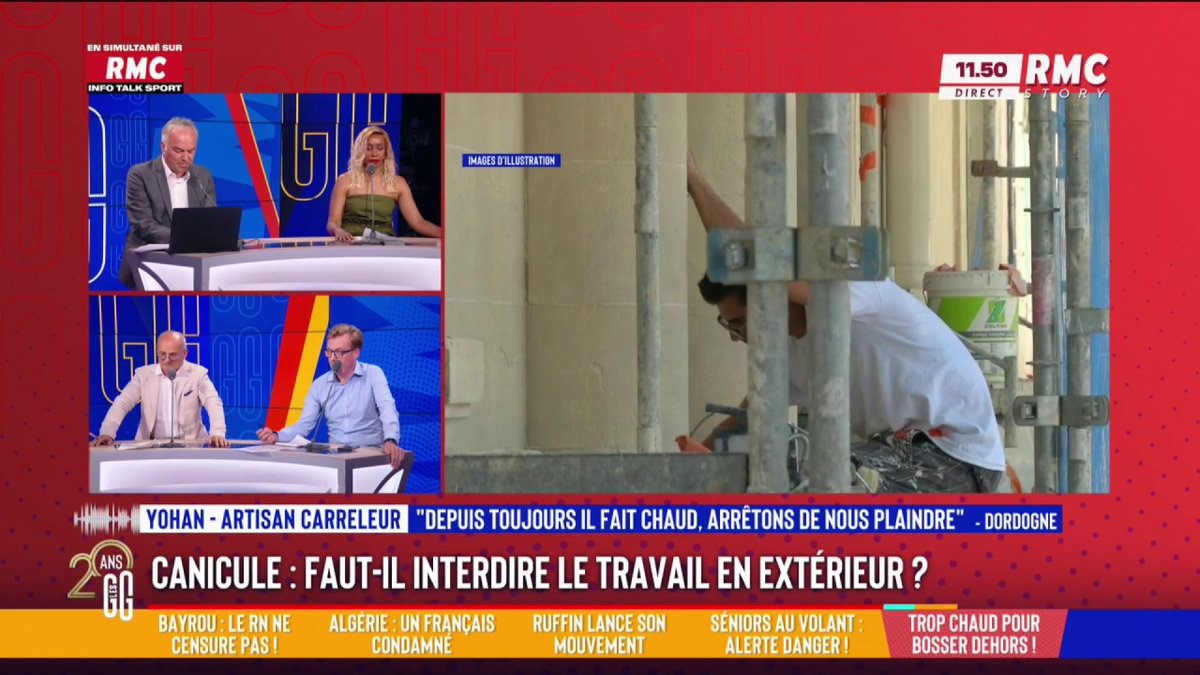 👷 Canicule : faut-il interdire le travail en extérieur ? 📞 Yohan, artisan carreleur : "On embauche à 6 heures et on a débauché à 11 heures, il faisait 35 degrés. Je suis patron, s'il y a des retards de délai, c'est comme ça. Il faut penser à la santé de ses employés." #GGRMC