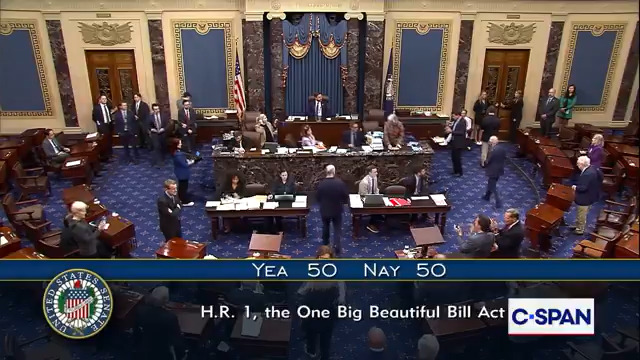 .Vice President JD Vance JD Vance: "The bill as amended is passed." U.S. Senate PASSES GOP Tax &amp; Spending Cuts Bill, 51-50. Goes now to the U.S. House.