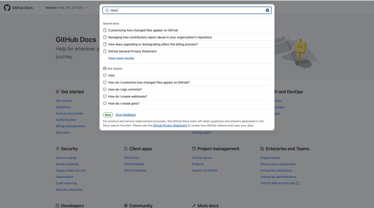 Stop searching, start asking. 💡 The new GitHub Copilot search experience is live on GitHub Docs! 🎉 Ask a question, and Copilot will guide you to the solution. ✅ Get answers faster and build sooner. 🚀 Find out more.👇
