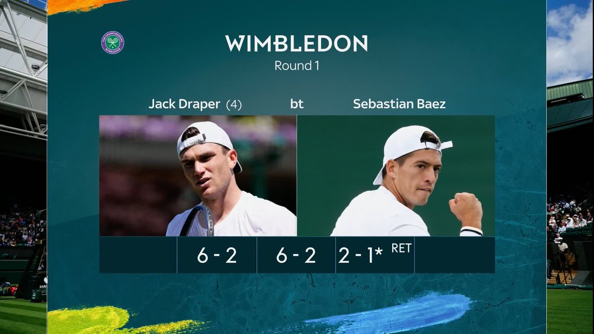 Jack Draper is through to the second round of Wimbledon after Sebastian Baez retired in the 3rd set and will face Marin Cilic 🎾