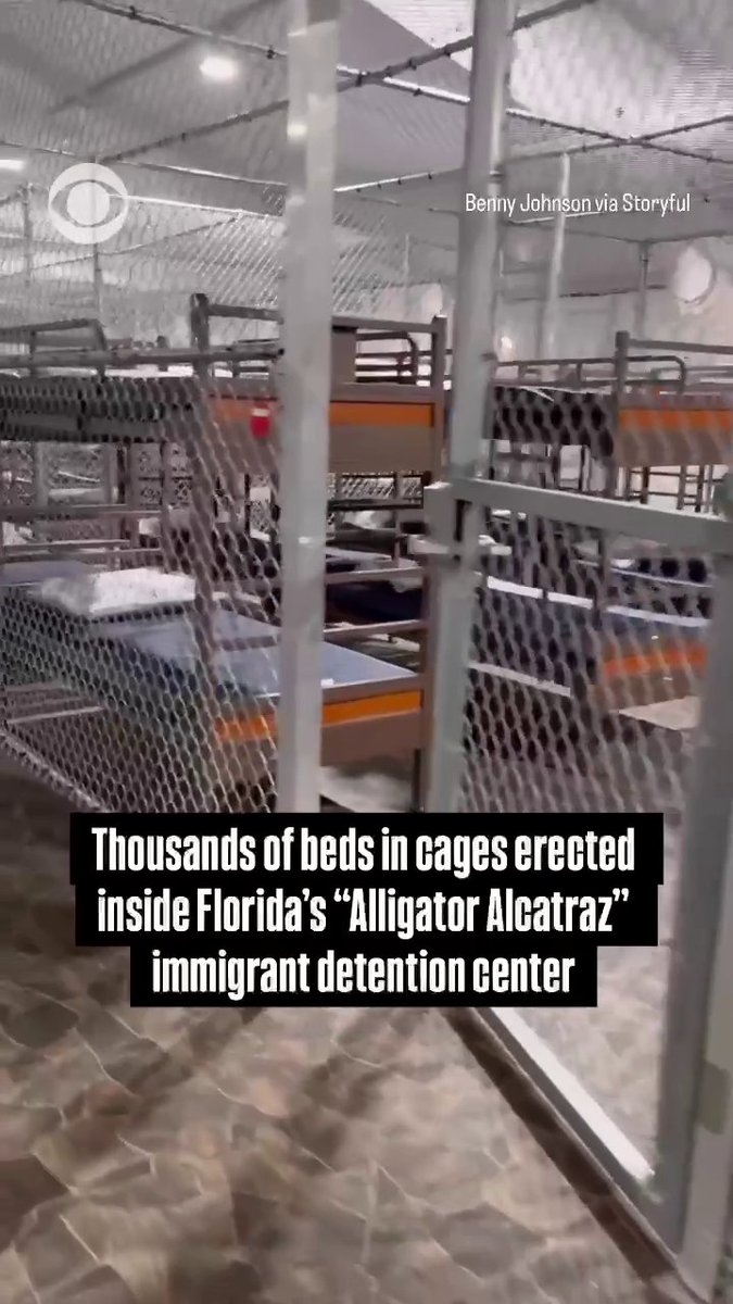 President Donald Trump, Florida Gov. Ron DeSantis and Homeland Security Secretary Kristi Noem toured the site of a new immigration detention center in the Florida Everglades today that state officials are calling "Alligator Alcatraz." Rows of bunk beds could be seen lined up behind chain fences. The controversial detention facility is located at the Dade-Collier Training and Transition Airport, which has its own runway in an environment known for its treacherous terrain and wildlife. Mr. Trump joked in his remarks that "we're going to teach them how to run away from an alligator if they escape prison." The president was asked if the facility could be a model going forward for other detention sites. "It can be," he responded, adding that such a location is rare. Mr. Trump said he'd like to see similar temporary facilities in "many states."