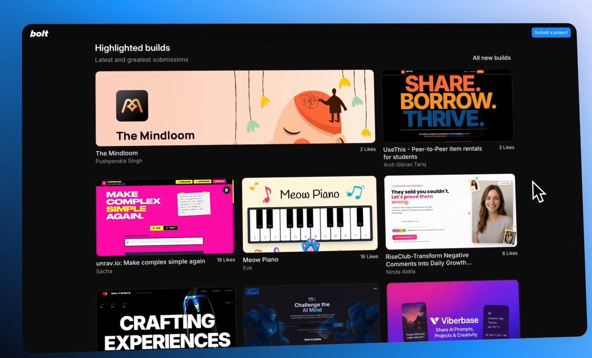🚨 Bolt Gallery is officially live This is our showcase of standout projects built with Bolt. It's a place to get featured and a resource for the community to see what's possible! We'll be highlighting projects from the Gallery regularly, so submit yours now 👉 bolt․new/gallery