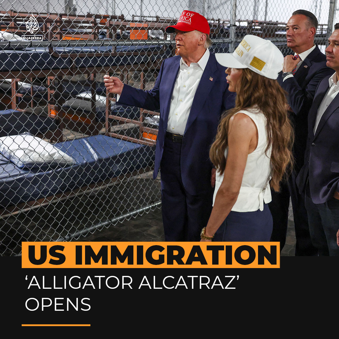 US President Trump toured ‘Alligator Alcatraz’, a new temporary detention facility set in the Florida wetlands to hold thousands of undocumented migrants before deportation.