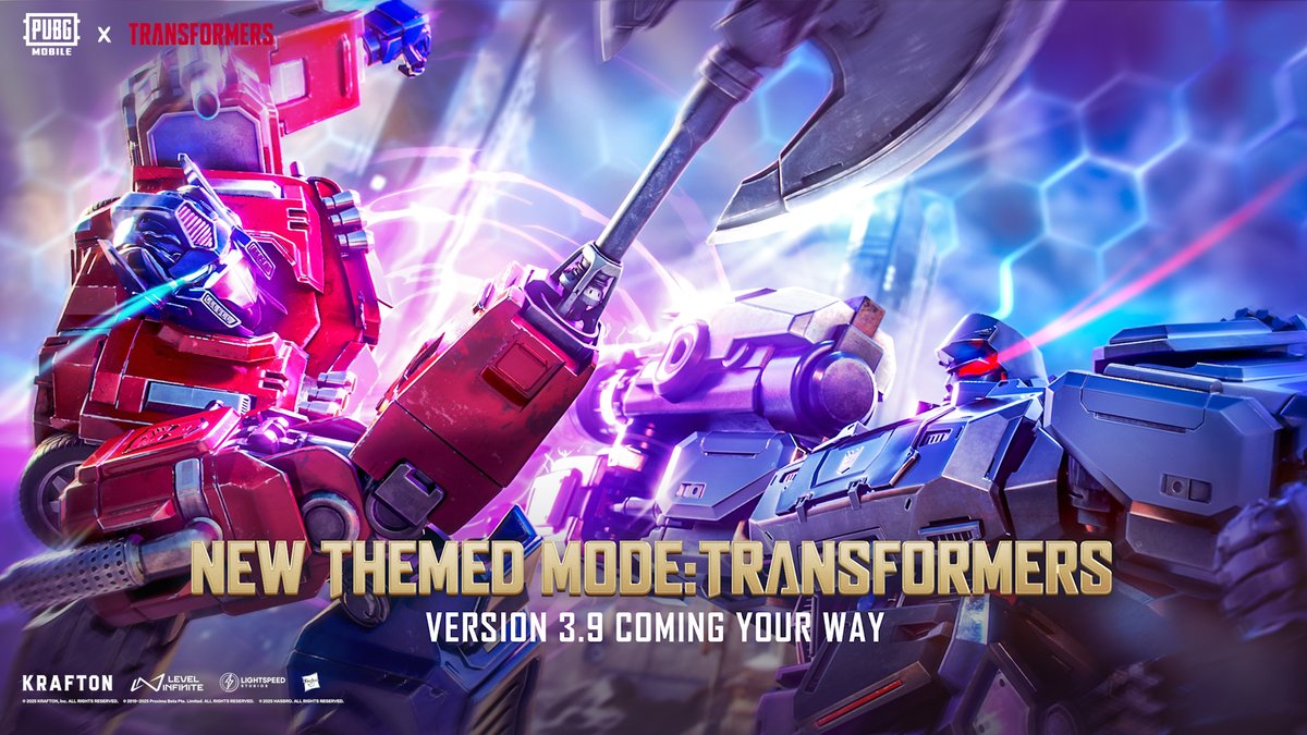 The calm before the storm is ending. A TRANSFORMERS battle unlike any other is about to consume Erangel. Prepare for the clash that will reshape everything. Stay ready for the new themed mode: TRANSFORMERS in Version 3.9 Update starting July 8. 📲 #PUBGMOBILE #TRANSFORMERS #PUBGMxTRANSFORMERS #OPTIMUSPRIME #MEGATRON