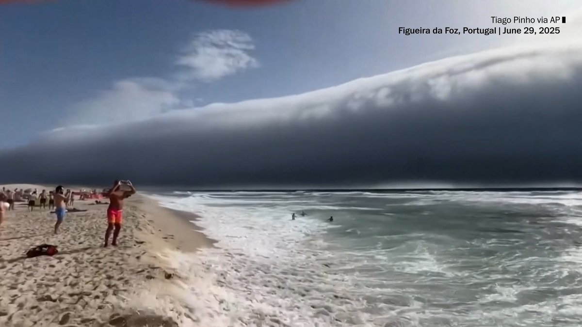 As much of Europe battled a rare heat wave, beachgoers trying to cool off on the coast of Portugal were stunned by a dark, tsunami-like cloud formation, commonly referred to as a roll cloud, billowing over the ocean on Sunday.