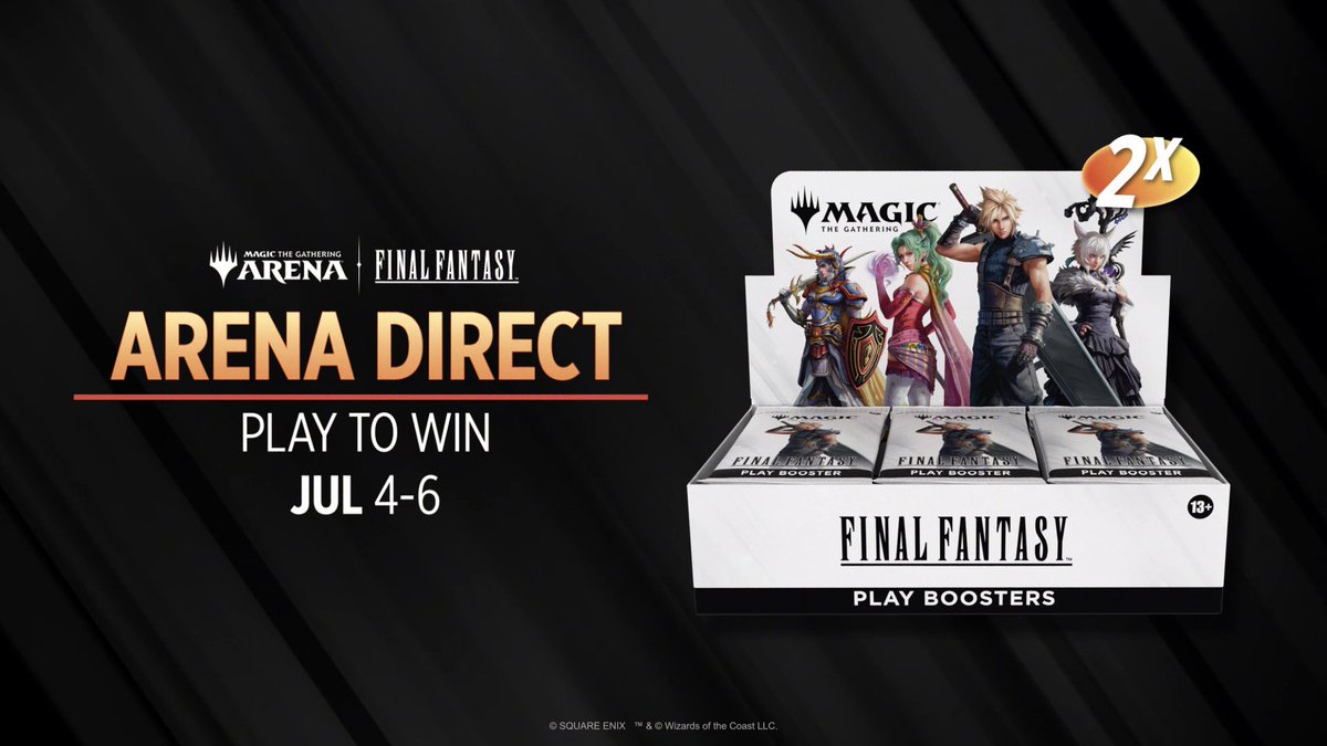 Who's ready to flex their #MTGxFINALFANTASY prowess? Compete in the Arena Direct on July 4, and you can win not one, but two Play Booster boxes! More info here: